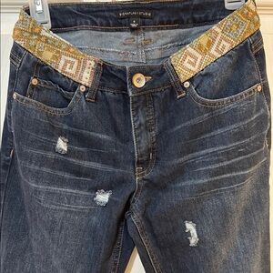 Signature Studio Blue Straight Leg Jeans with Distressed Details Aztec design
